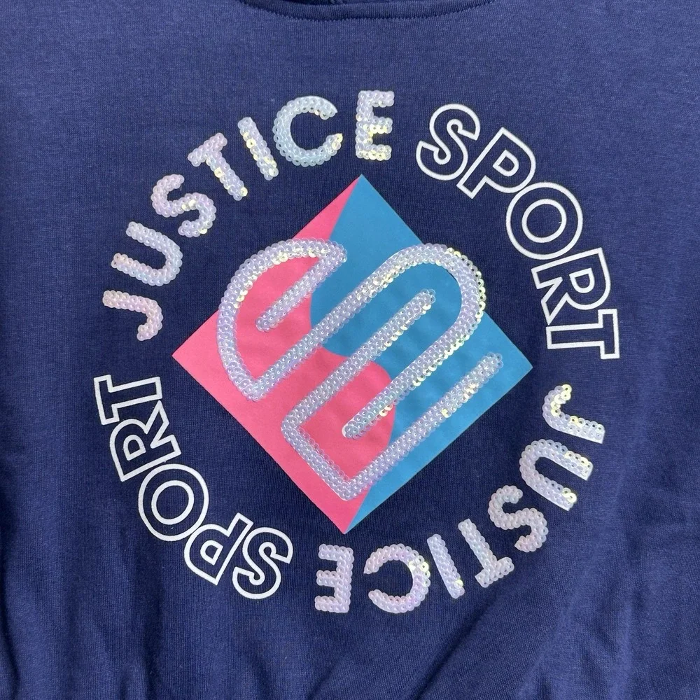 Justice Sports Cutoff Hoodie Girls Medium 10 Blue Pink White Sequins Sleeveless